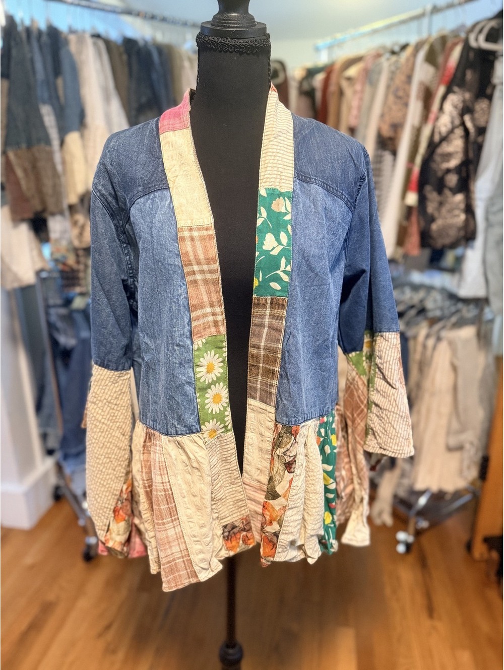 YOUNG THREADS Desert Dream Lace & Denim Patchwork Kimono Denim NWT M